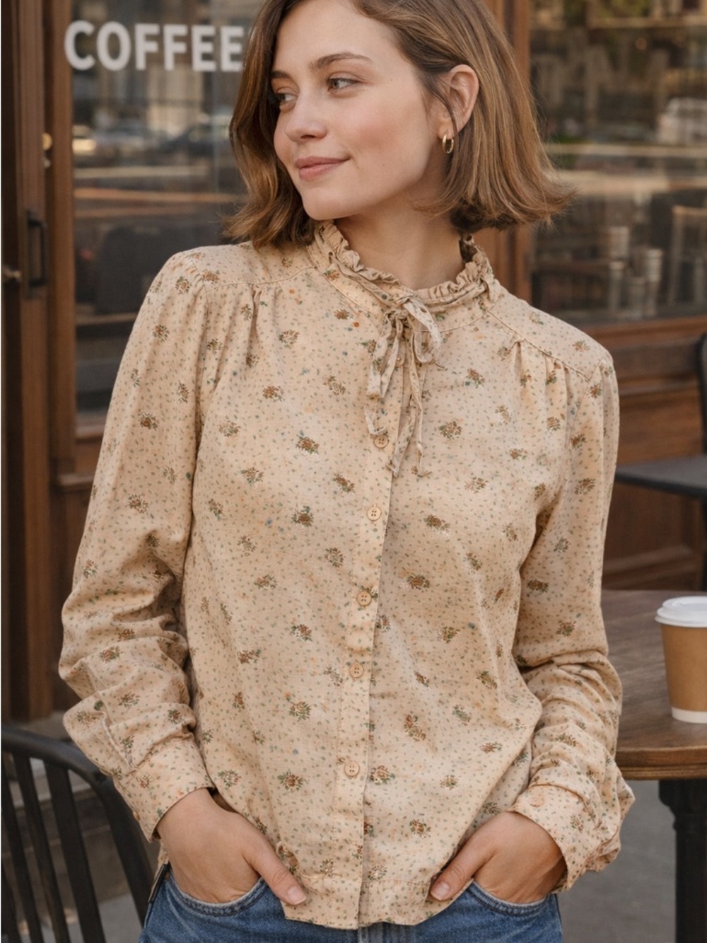 Vintage Gunne Sax Ruffle-Neck Floral Blouse - Beige